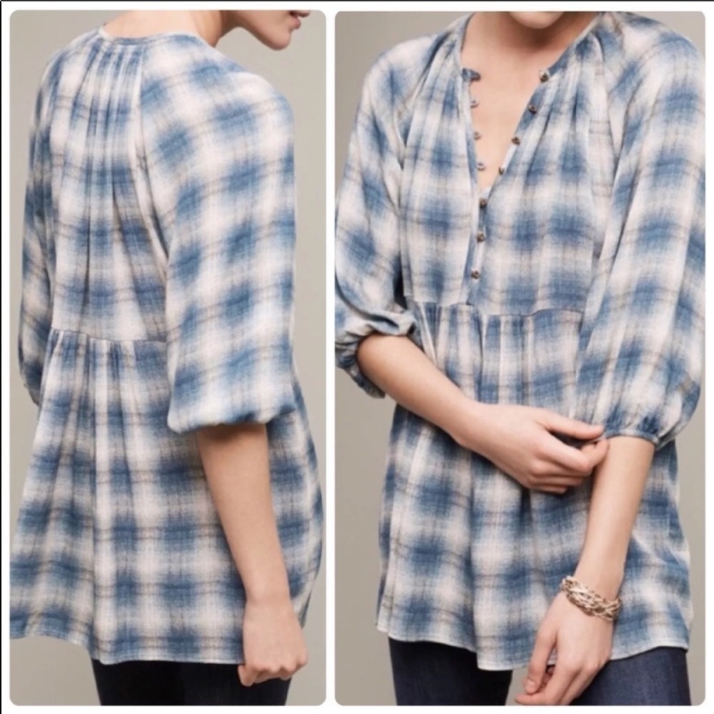 Anthropologie Maeve Blouse Cavalon Babydoll Peplum Flowy Plaid Blue XS